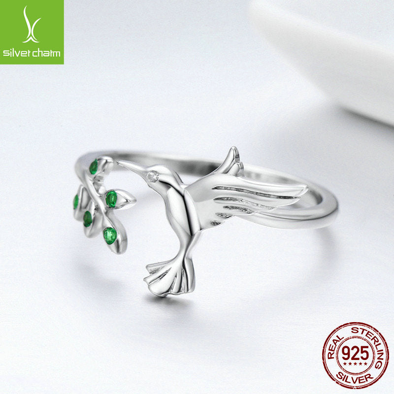 WOSTU Authentic 925 Sterling Silver Hummingbird & Leaves Ring For Women Nature Style S925 Silver Jewelry Gift CQR323