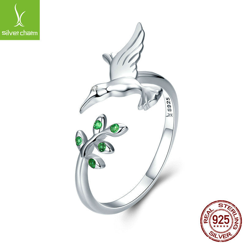 WOSTU Authentic 925 Sterling Silver Hummingbird & Leaves Ring For Women Nature Style S925 Silver Jewelry Gift CQR323