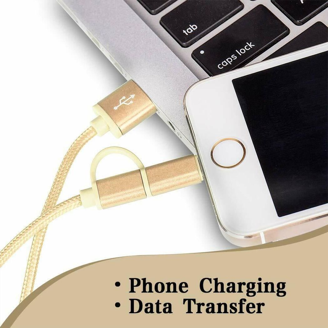FX Powabud Nylon Braided USB Cable with 2 in 1 Dual Lightning Connector Cord[Gold]
