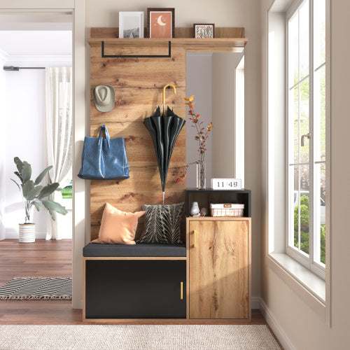 Wardrobe Set, With 4 Coat Hooks, Mirror, Shoe Cabinet, Wall-mounted Coat Rack, Upper Storage Shelf, Hallway Wardrobe With Bench Seat.