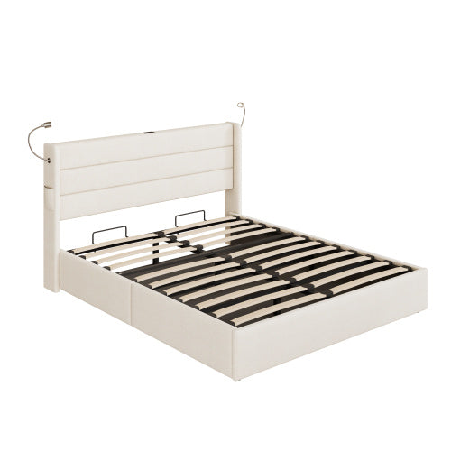 King Upholstered Bed With Charging Station, Linen Hydraulic Storage Bed With Adjustable LED Reading Light, 5ft Double Bed Frame With USB And Type  C Ports, No Box Spring Needed, Beige