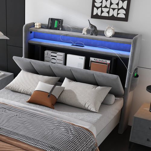 Upholstered Bed, 3FT Single Bed 90x190cm, Lower Flap Door Storage, With LED Light Strip, 3 USB Port 1 Type C, Durable And Sturdy, Youth Bed, For Adults  Teenagers, Velvet, Grey