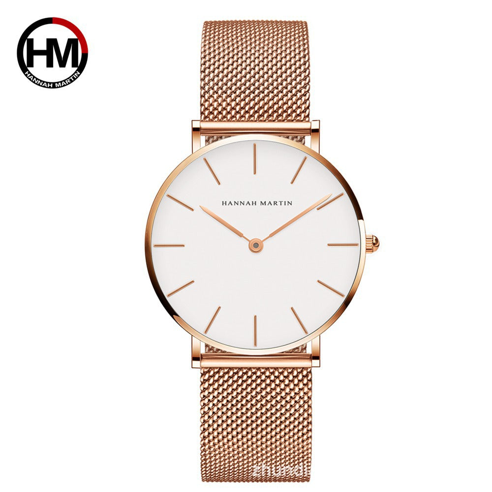 Elegant white-collar ladies OL simple Japanese movement furnace gold plating waterproof wear-resistant steel mesh belt watch manufacturers