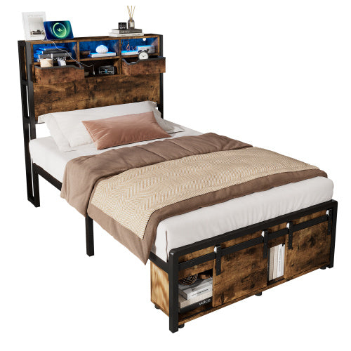 Metal Bed, Iron Bed, 3ft Single Bed 90x190cm, With Multi Color LED Strip Lights And Charging Port 2 A Type And 1 C Type, With Storage Space, Black  Wood Color
