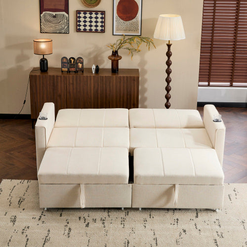 207cm King Size Independent Pull Out Sofa Bed, Convertible Fabric Sofa Chair With Cup Holders, Side Pockets, Fabric Loveseat Couch Chaise Lounge For Living Room, Apartment