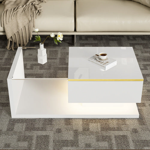 90 Cm Long Coffee Table, High-Gloss White. Side Tables, Coffee Tables With Glass And LED Effect