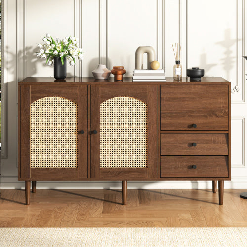 Country-Style Sideboard With Rattan Doors  130 X 75.5 X 40 Cm  Magnetic Closure, Adjustable Shelves, Sturdy Structure  Elegant And Versatile Design