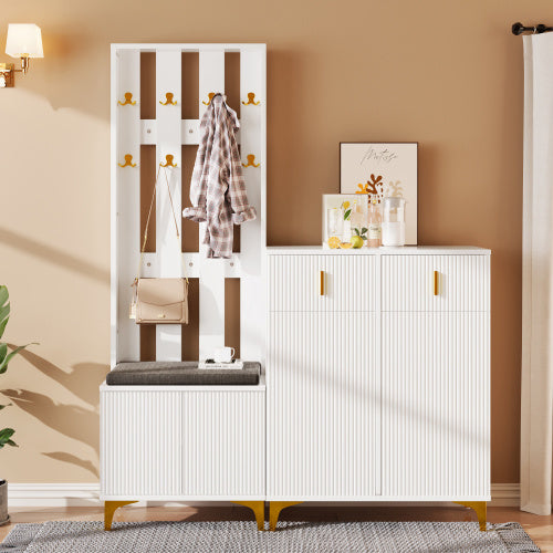 Wardrobe Set With Shoe Bench And Cushion, Wardrobe Front With Hooks, Shoe Cabinet With Drawers And Doors