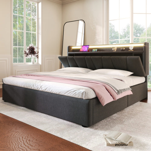 Upholstered Double Bed With USB Charging Function, Storage Headboard And LED Lighting, 5ft King Size Bed Storage Bed Frame 150 X 200 Cm, Wooden Slatted Frame, Grey No Mattress