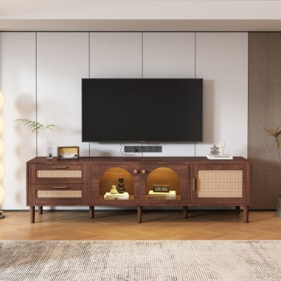 180 Cm Brown TV Cabinet For 80-inch TV - With 2 Rattan Drawers, 2 Curved Glass Doors And 1 Rattan Door, LED Lighting, Offers Stylish Storage, TV Board