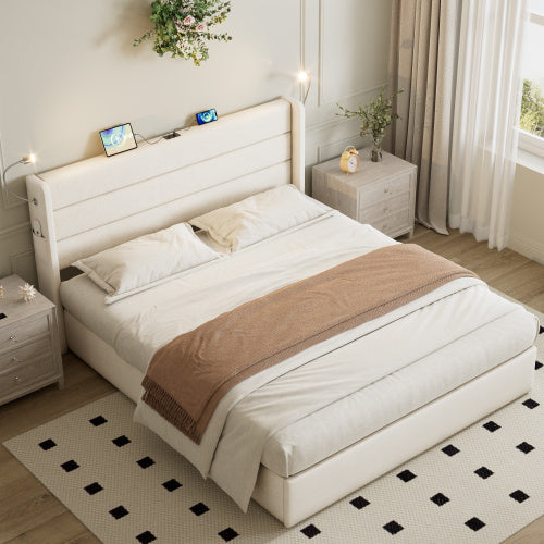 King Upholstered Bed With Charging Station, Linen Hydraulic Storage Bed With Adjustable LED Reading Light, 5ft Double Bed Frame With USB And Type  C Ports, No Box Spring Needed, Beige