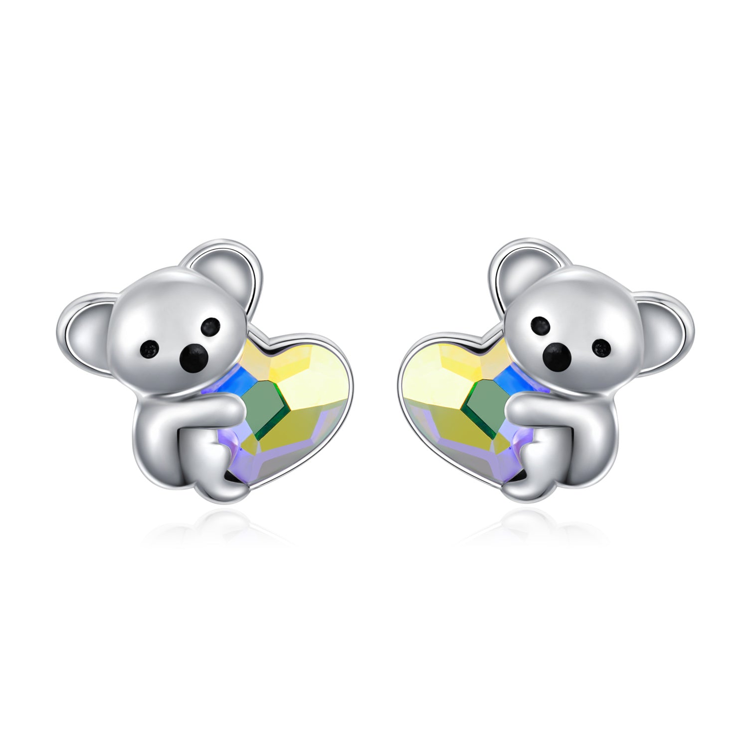 925 Sterling Silver Koala Bear Cute Animal Hypoallergenic Heart Crystal Earrings Jewellery
