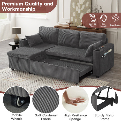 3 In 1 Convertible Corduroy Sofa Bed With Storage Chaise, L Shaped Sleeper Sofa Couches With Armrest Storage And Charging Station. Pullout Sectional Daybed For Living RoomBedroomOffice, Grey