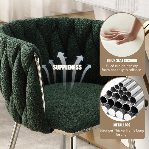 GOMYWAY Modern Hand Weaving Dining Chairs Set Of 2, Boucle Upholstered Side Chairs With Silver Legs, Kitchen Chairs With Armrest, Accent Chairs, Vanity Chairs For Dining Room Emerald, Set Of 2