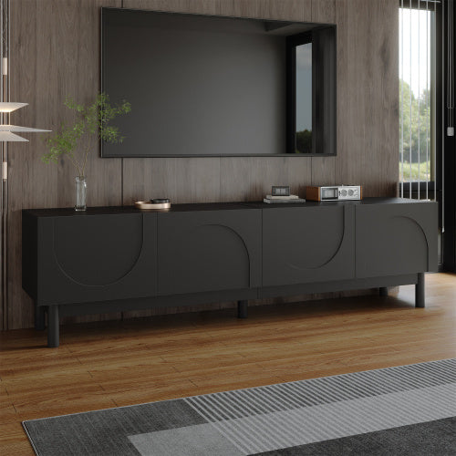 TV Cabinet With Curved, Wave-Shaped Doors, Shelves, And TV Stand With Stabilizing Legs