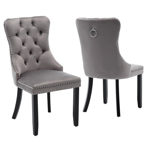 Modern Set Of 2 Upholstered Velvet Dining Chairs, Button Tufted Kitchen Lounge Chairs With Brushed Wood Legs, Riveted Trim And Knocker Ring, For Dining Room Living Room
