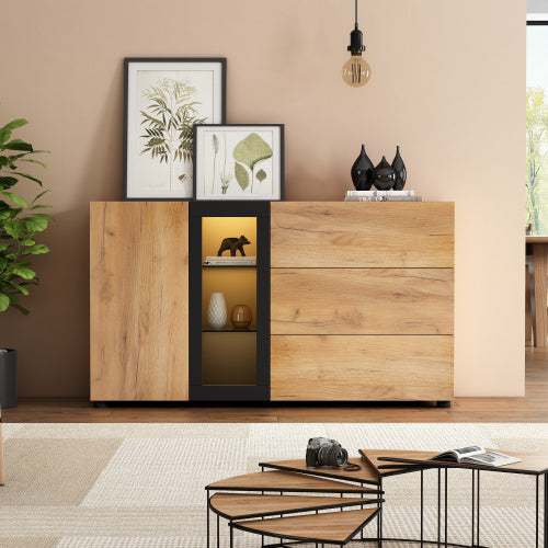 Modern Sideboard, Side Cabinet, Buffet Cabinet, Sideboard With 3 Drawers, Accent Console Table Storage Cabinet With Glass For Living Room, 140x40x80CM