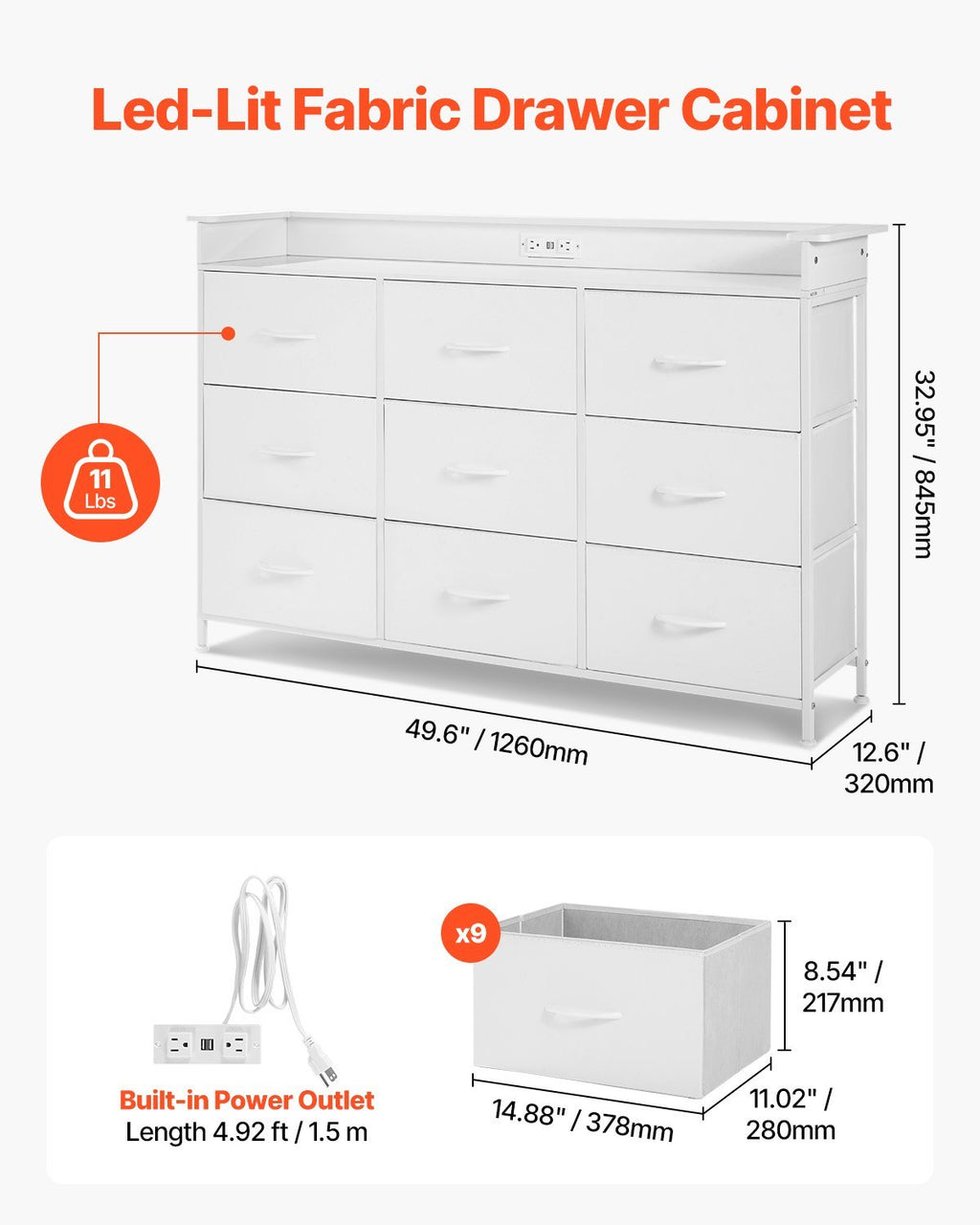 9 Drawer Dresser, Tall Drawer Dresser With Fabric Bin, Closet Storage Drawers With Sturdy Metal Frame, LED Lights & Built-in Outlet, Fabric Storage Tower For Bedroom, Hallway, Closet, White