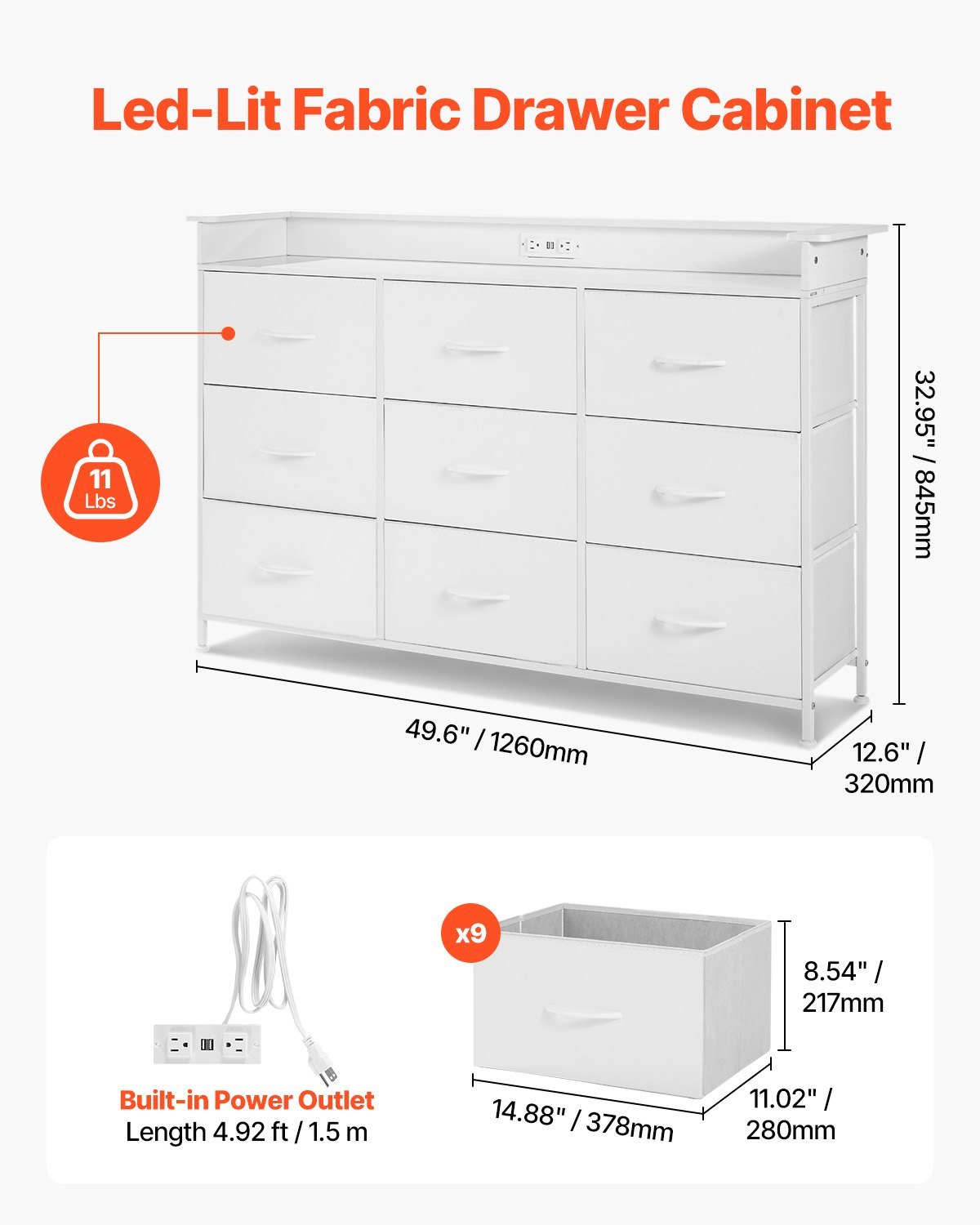 9 Drawer Dresser, Tall Drawer Dresser With Fabric Bin, Closet Storage Drawers With Sturdy Metal Frame, LED Lights & Built-in Outlet, Fabric Storage Tower For Bedroom, Hallway, Closet, White