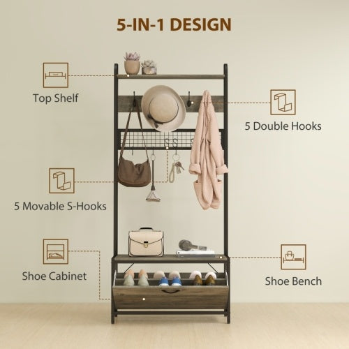 HOMCOM 5-In-1 Industrial-Style Hallway Tree - Grey Black