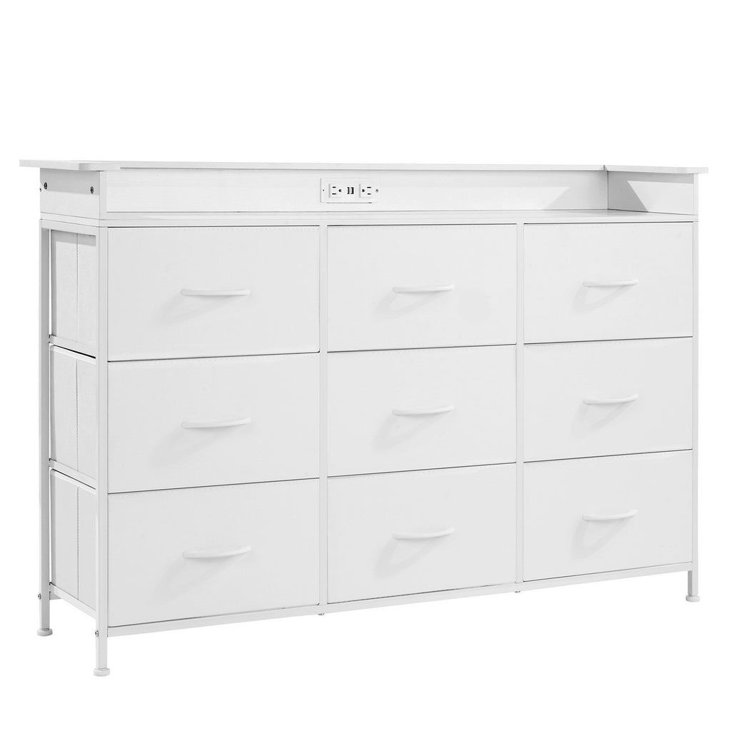 9 Drawer Dresser, Tall Drawer Dresser With Fabric Bin, Closet Storage Drawers With Sturdy Metal Frame, LED Lights & Built-in Outlet, Fabric Storage Tower For Bedroom, Hallway, Closet, White