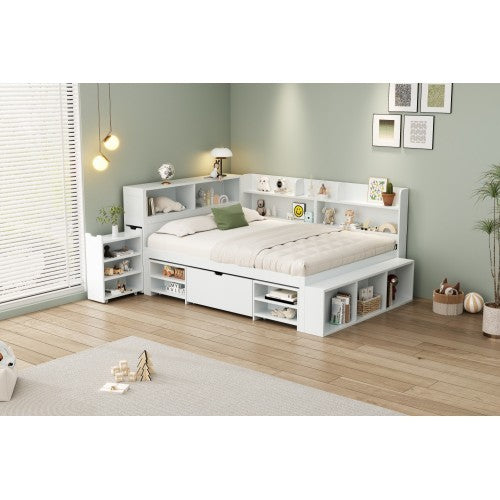 Children's Bed, Double Bed-4ft6  135x190cm  Multifunctional Children's Bed With Drawers, Bookcase And Storage Cupboard, Large Storage Space, Slatted Frame, Without Mattress, White