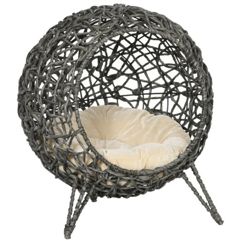 PawHut Rattan Elevated Cat Bed House Kitten Basket Ball Shaped Pet Furniture W Removable Cushion - Silver-Tone And Grey