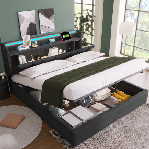 Upholstered Double Bed With USB Charging Function, Storage Headboard And LED Lighting, 5ft King Size Bed Storage Bed Frame 150 X 200 Cm, Wooden Slatted Frame, Grey No Mattress