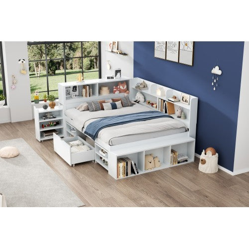 Children's Bed, Double Bed-4ft6  135x190cm  Multifunctional Children's Bed With Drawers, Bookcase And Storage Cupboard, Large Storage Space, Slatted Frame, Without Mattress, White