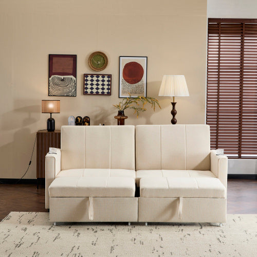 207cm King Size Independent Pull Out Sofa Bed, Convertible Fabric Sofa Chair With Cup Holders, Side Pockets, Fabric Loveseat Couch Chaise Lounge For Living Room, Apartment