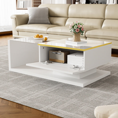 90 Cm Long Coffee Table, High-Gloss White. Side Tables, Coffee Tables With Glass And LED Effect