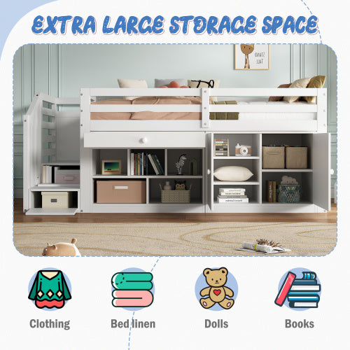 Multifunctional Wooden Children's Bed With Stairs And Storage Space, Stairs  Cabinets Interchangeable On The Left And Right, Drawers Reversible And Usable As A Desk, Without Mattress, 90x190, White