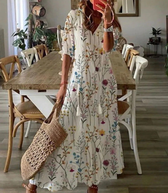 Cross-border European and American spring and summer new women's long-sleeved dress with tassels loose bohemian print V-neck dress