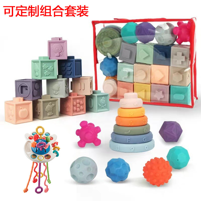 New stacking cup infant soft rubber ball rainbow circle Jenga pinch baby building block toy set