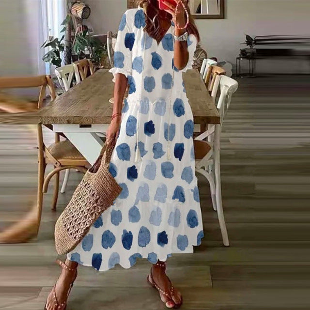 Cross-border European and American spring and summer new women's long-sleeved dress with tassels loose bohemian print V-neck dress