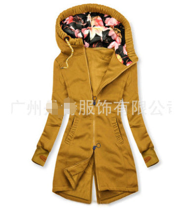 Q018 windbreaker autumn and winter with hood medium and long new slim fit thin casual foreign trade autumn and winter fashion jacket European and American women's clothing