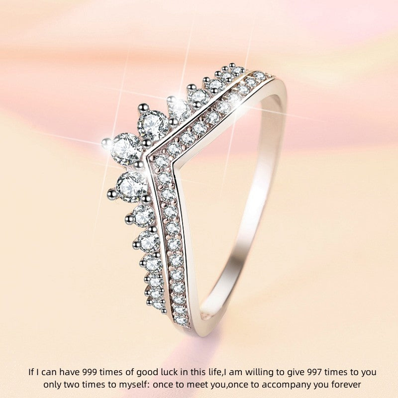 s925 sterling silver ring princess crown diamond ring female ring temperament girl ring stacked with a variety of hand jewelry silver jewelry