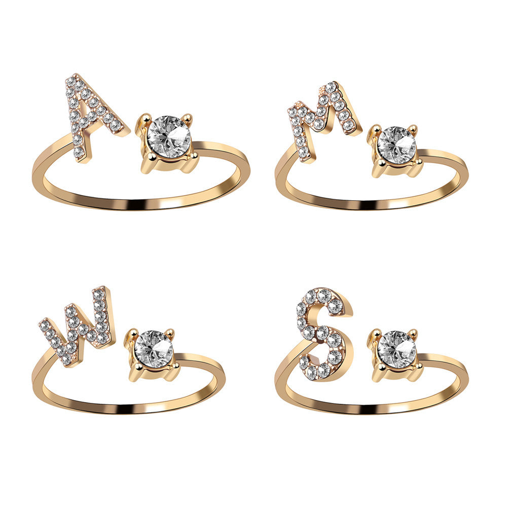 Cross-border Explosive Ring Jewelry Creative Ladies Ring Adjustable Open Ring 26 Letter Ring Wholesale