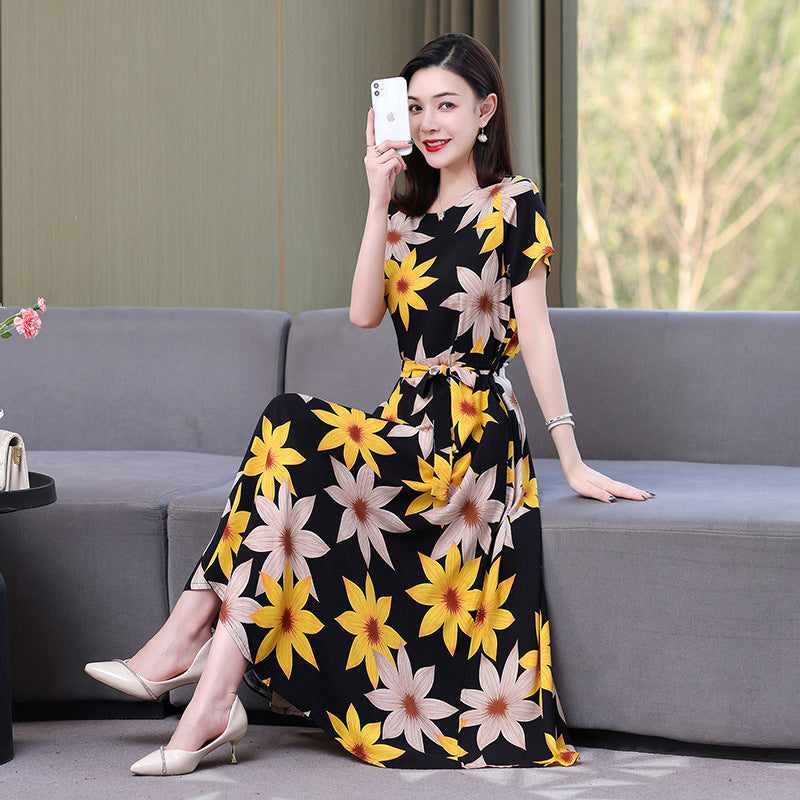 Artificial cotton silk dress women's clothing 2023 summer new middle-aged mother mid-length over-the-knee plus-size loose skirt