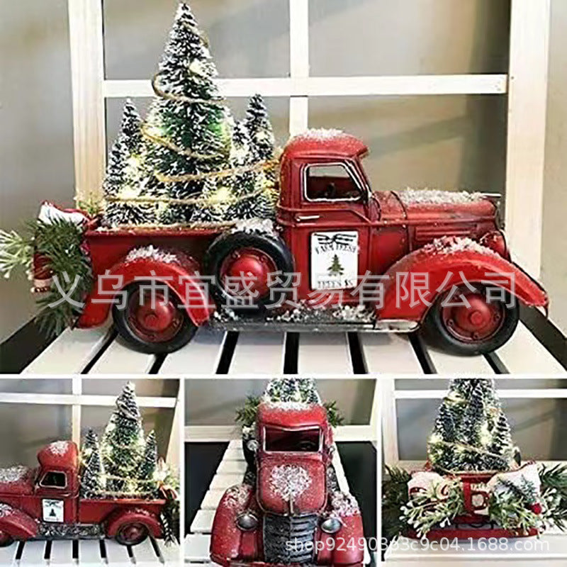 Cross-border Christmas go-kart red Christmas tree pulling goods LED lights flashing Christmas ornaments atmosphere resin home