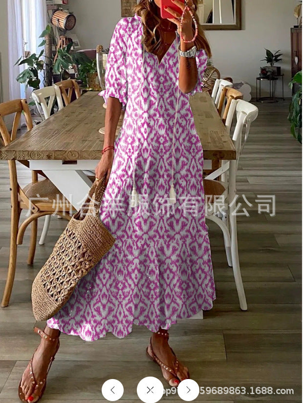 Cross-border European and American spring and summer new women's long-sleeved dress with tassels loose bohemian print V-neck dress