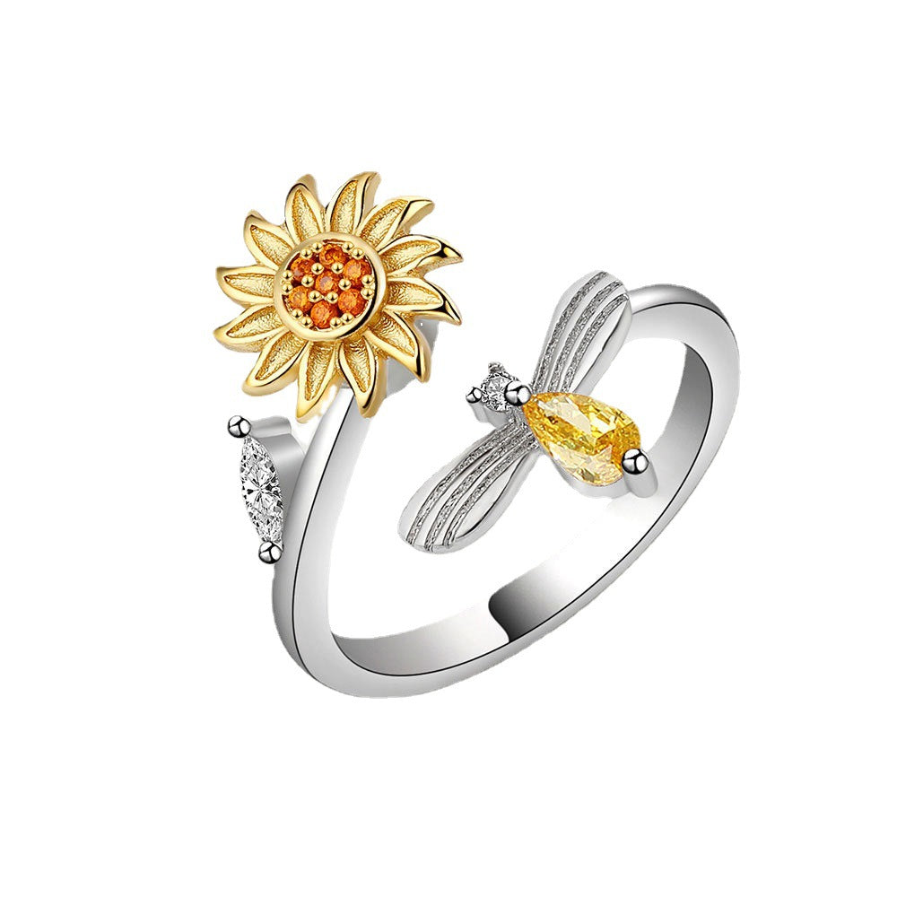 European and American cross-border sunflower bee rotating ring adjustable open zircon ring decompression ring female