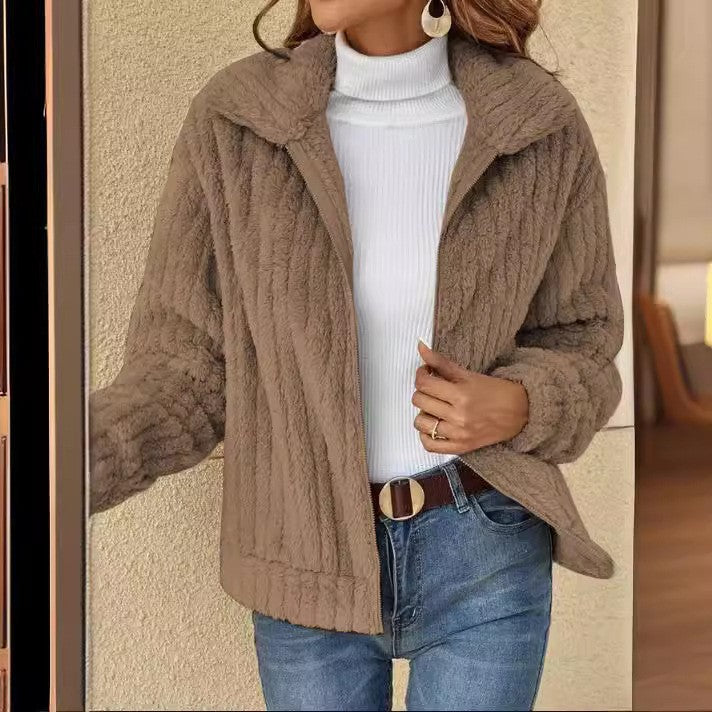 2024 new cross-border autumn and winter plush cardigan lapel short coat