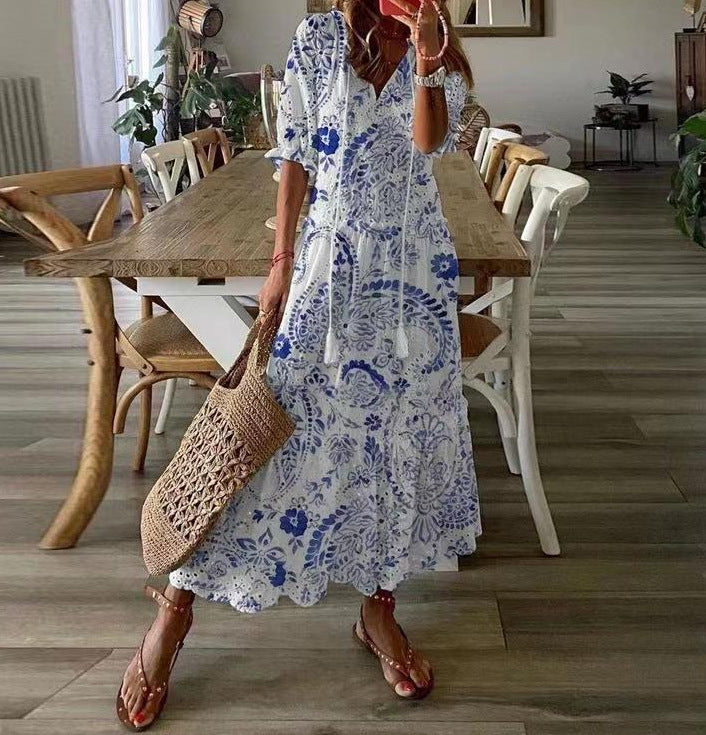 Cross-border European and American spring and summer new women's long-sleeved dress with tassels loose bohemian print V-neck dress