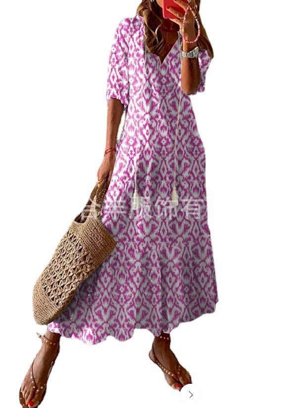 Cross-border European and American spring and summer new women's long-sleeved dress with tassels loose bohemian print V-neck dress