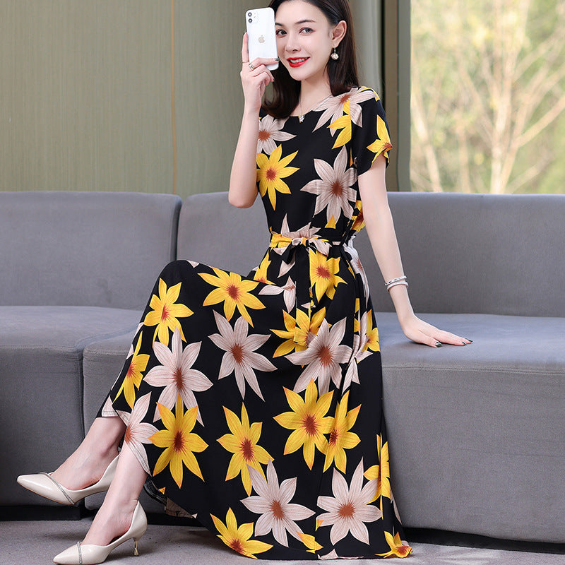 Artificial cotton silk dress women's clothing 2023 summer new middle-aged mother mid-length over-the-knee plus-size loose skirt