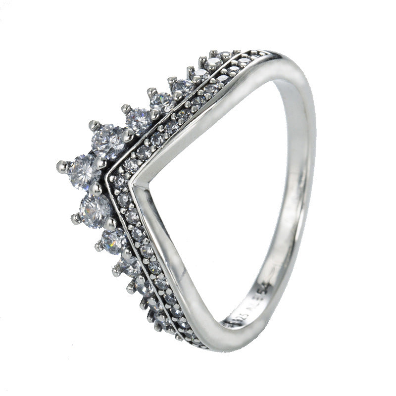 Pan family crown princess wish S925 silver ring V-shaped temperament stacking ring joint ring female ring Tanabata gift