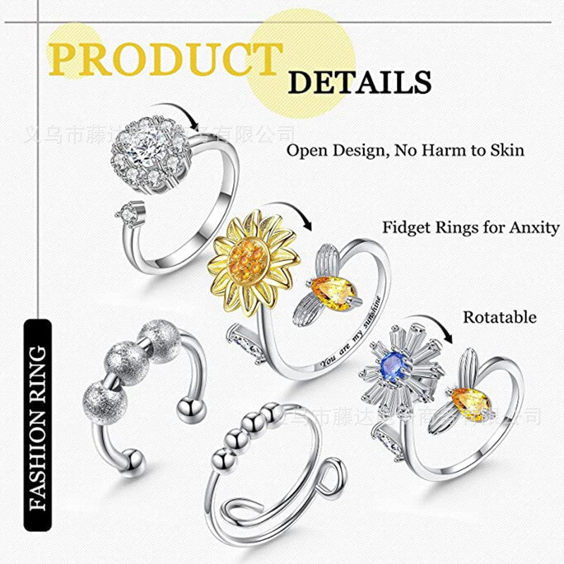 European and American cross-border sunflower bee rotating ring adjustable open zircon ring decompression ring female