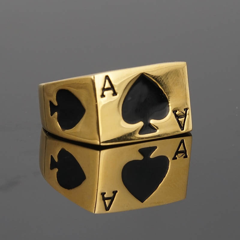Hip-hop ins tide men European and American style hearts A spades A titanium steel ring ring men's lucky poker ring bracelet