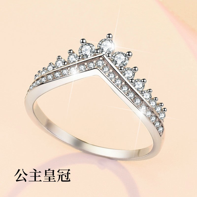 s925 sterling silver ring princess crown diamond ring female ring temperament girl ring stacked with a variety of hand jewelry silver jewelry